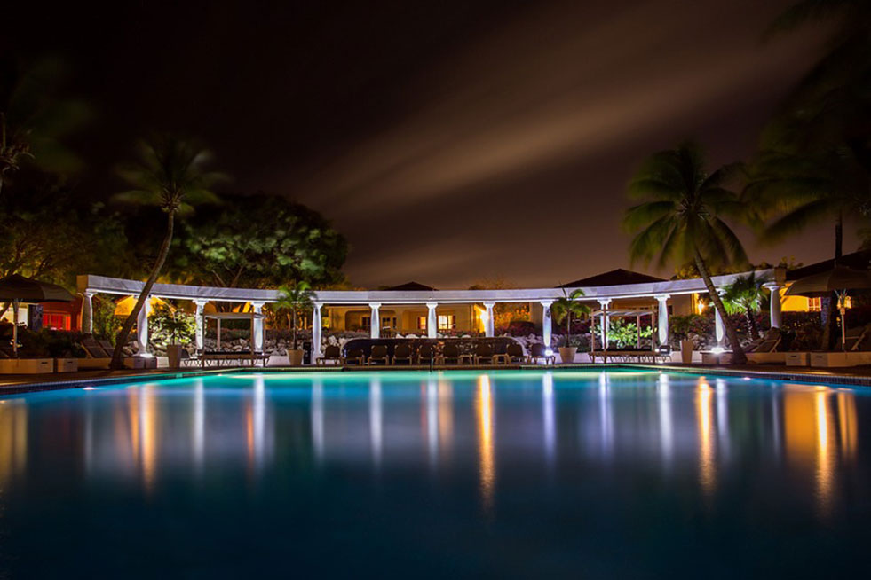 wide angle view of the swimming pool after lihghtning