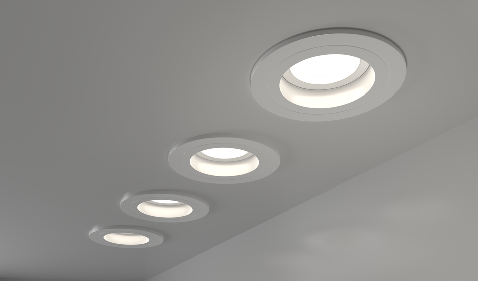 Spotlights-recessed-ceiling-1425242938 Realistic interior room with round glowing downlights at night.